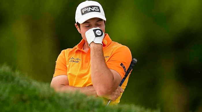 Viktor Hovland is pictured in the final round at the 2023 Championship.